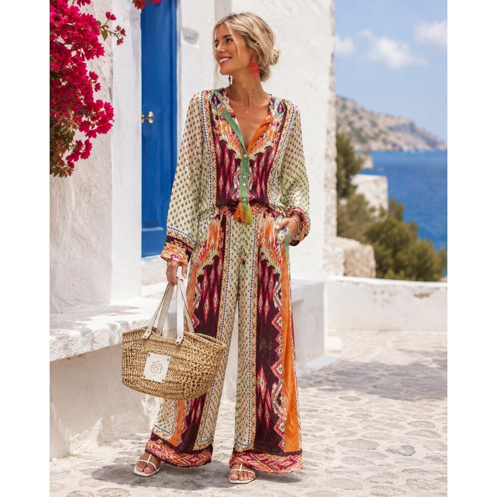 Zara Printed Co-Ord Set Small Sheer Boho Blouse Palazzo Pants Festival Resort